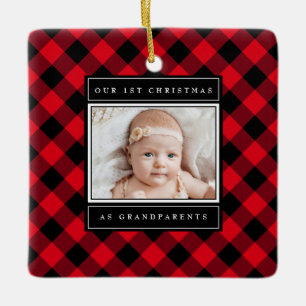1st Christmas Grandparents Red Buffalo Plaid Photo Ceramic Ornament