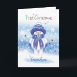 1st Christmas, Grandson, Snow baby with Pacifier Holiday Card<br><div class="desc">The illustration on this very sweet Christmas card for a little Grandson's 1st Christmas is that of a cute snow baby with pink chubby cheeks and a red nose. Wearing a blue woollen hat, matching scarf and mittens, he happily sucks on a baby's pacifier (dummy) as stands against the blue...</div>