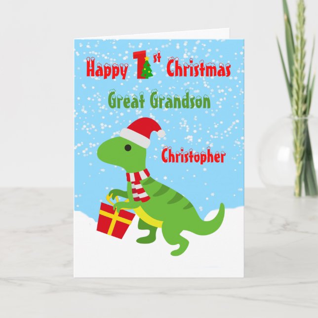 1st Christmas Great Grandson  Dinosaur T Rex Card (Front)