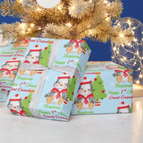 1st Christmas Great Grandson Penguin Wrapping Paper