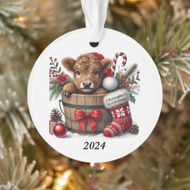 1st Christmas Highland Cow Acrylic Edit Name/Year Ornament (Tree)
