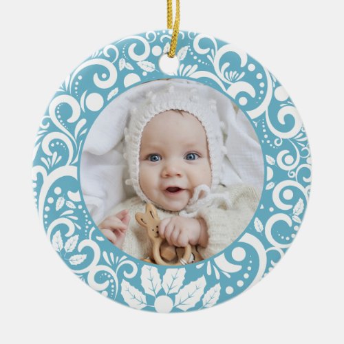 1st Christmas Ice Blue Photo Elegant Festive Ceramic Ornament