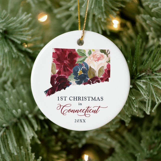 1st Christmas In Connecticut Personalized Floral Ceramic Ornament (Tree)