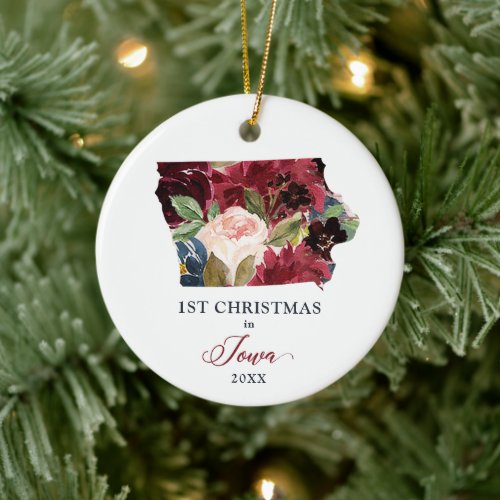 1st Christmas in Iowa Personalized Burgundy Floral Ceramic Ornament