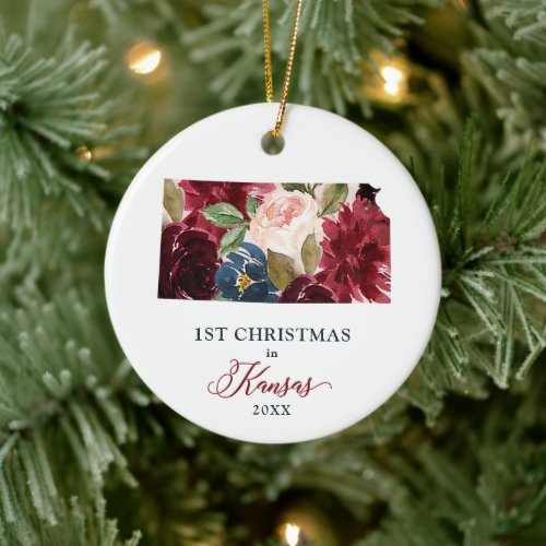 1st Christmas In Kansas Personalized Rustic Floral Ceramic Ornament