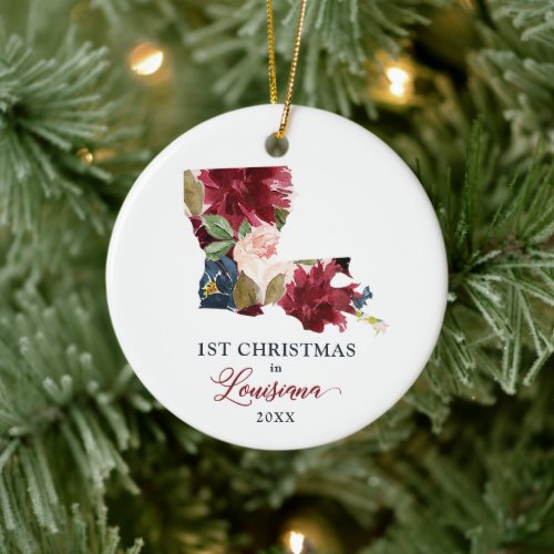 1st Christmas In Louisiana Personalized Floral Ceramic Ornament