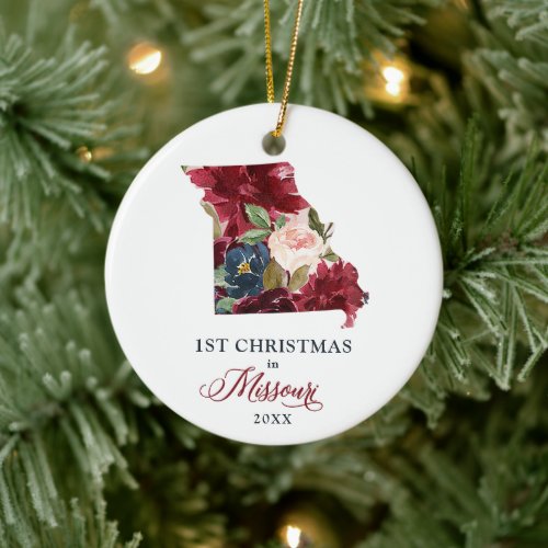 1st Christmas In Missouri Personalized Floral Ceramic Ornament