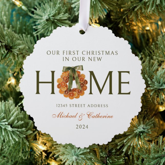 1st Christmas in New Home Orange Wreath Ornament Card (Insitu (Tree))