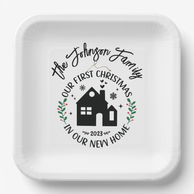 1st Christmas In New Home Personalized Christmas Paper Plates (Front)