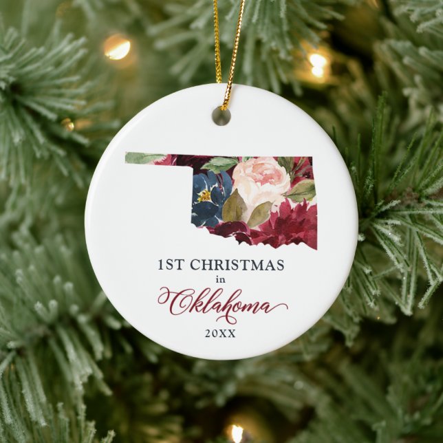 1st Christmas In Oklahoma OK Personalized Floral Ceramic Ornament (Tree)