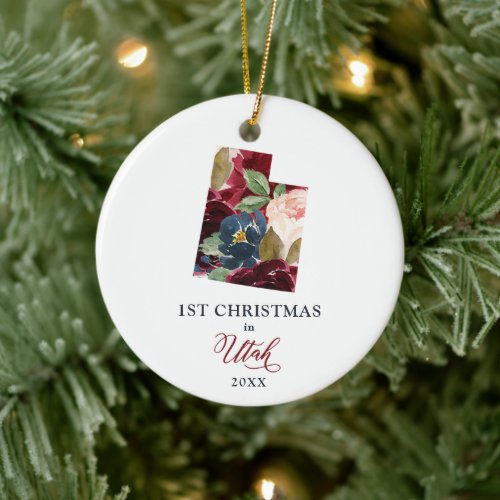 1st Christmas In Utah Personalized New Home Floral Ceramic Ornament