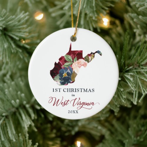 1st Christmas In West Virginia Personalized Floral Ceramic Ornament