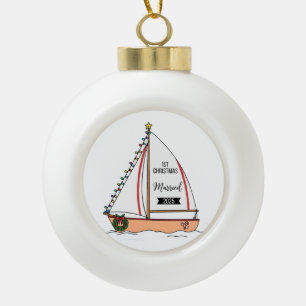  1st Christmas Married 2025   Cute Nautical  Ceramic Ball Christmas Ornament
