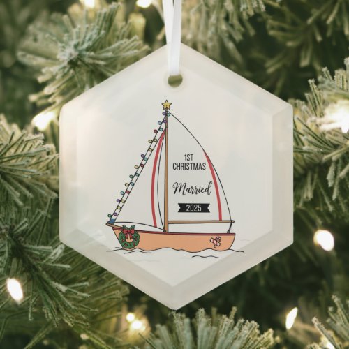 1st Christmas Married 2025 | Cute Nautical  Glass Ornament