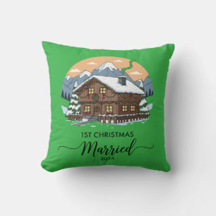 1st Christmas Married 2025 Rustic Cabin Ornament Throw Pillow