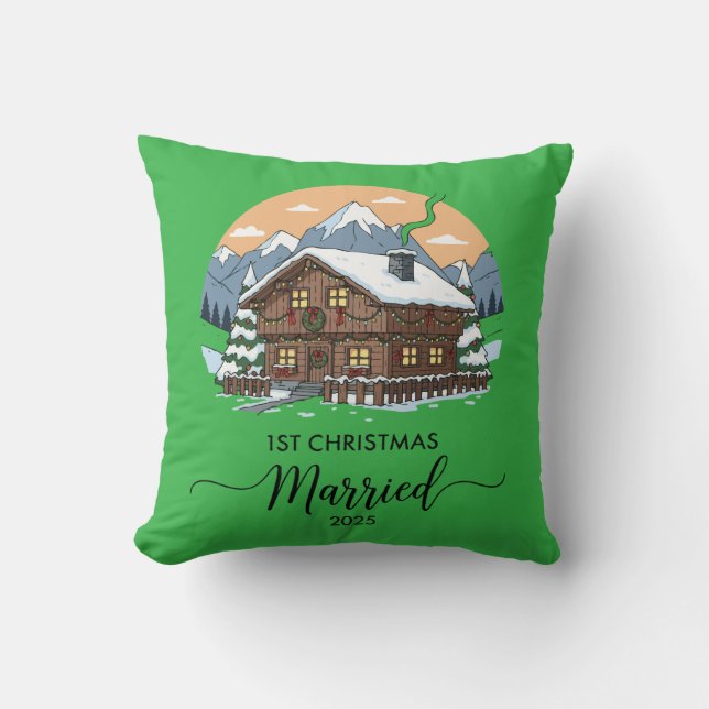 1st Christmas Married 2025 Rustic Cabin Ornament  Throw Pillow (Front)