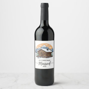 1st Christmas Married 2025 Rustic Cabin Ornament Wine Label