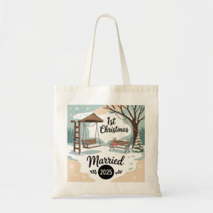 1st Christmas Married 2025 Rustic Winter Scene Tote Bag