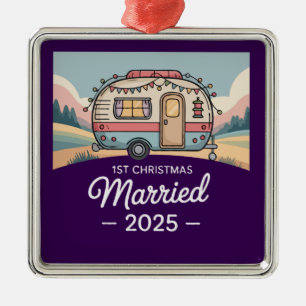 1st Christmas Married 2025 Vintage Camper RV Metal Ornament
