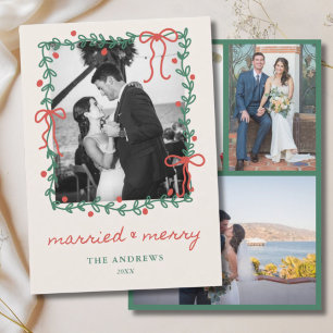 1st Christmas Married 4 Photo Wedding Red Bow Holiday Card