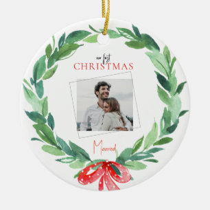 1st Christmas Married Couple Photo Ceramic Ornament