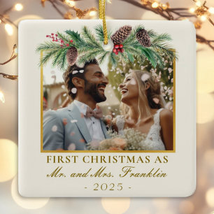 1st christmas married festive photo ceramic ornament