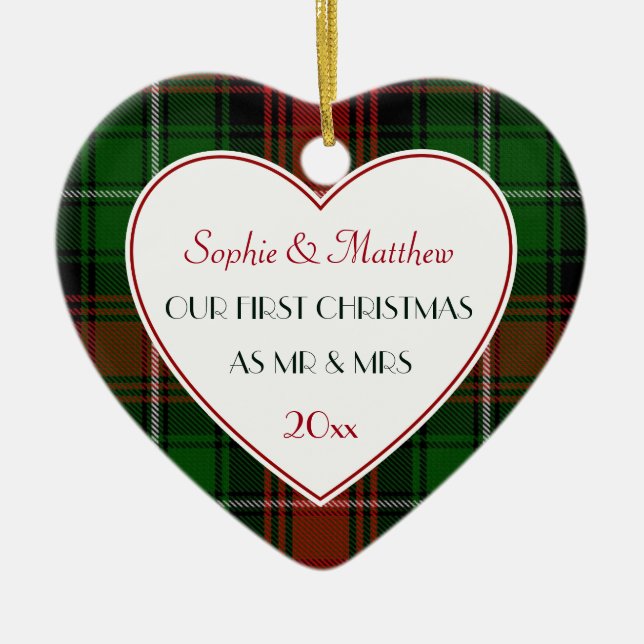 1st Christmas Married Gifts-Red Green Plaid Ceramic Ornament (Front)