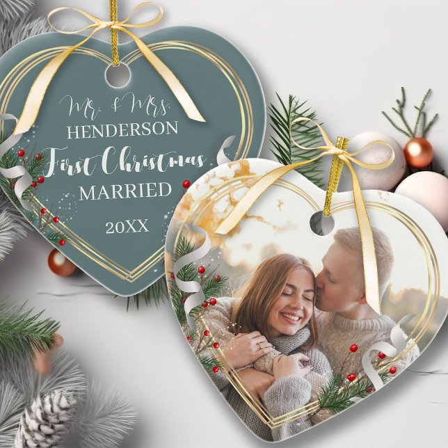 1st Christmas Married Newlyweds Custom Photo Ceramic Ornament (Creator Uploaded)
