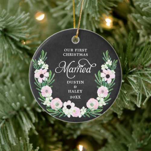 1st Christmas Married Personalized Floral Wreath Ceramic Ornament