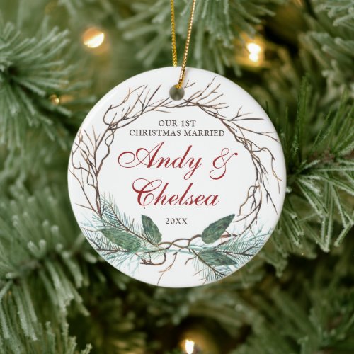 1st Christmas Married Rustic Branches Personalized Ceramic Ornament