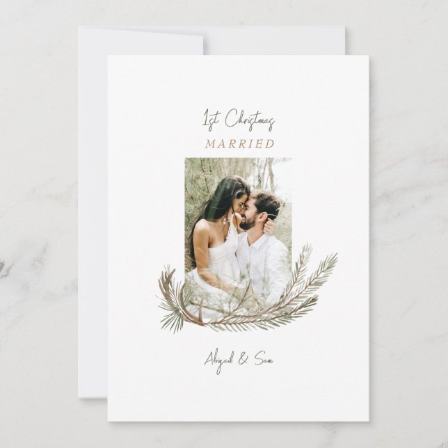 1st Christmas Married Two Photo Pine & Antlers Hol Holiday Card (Front)