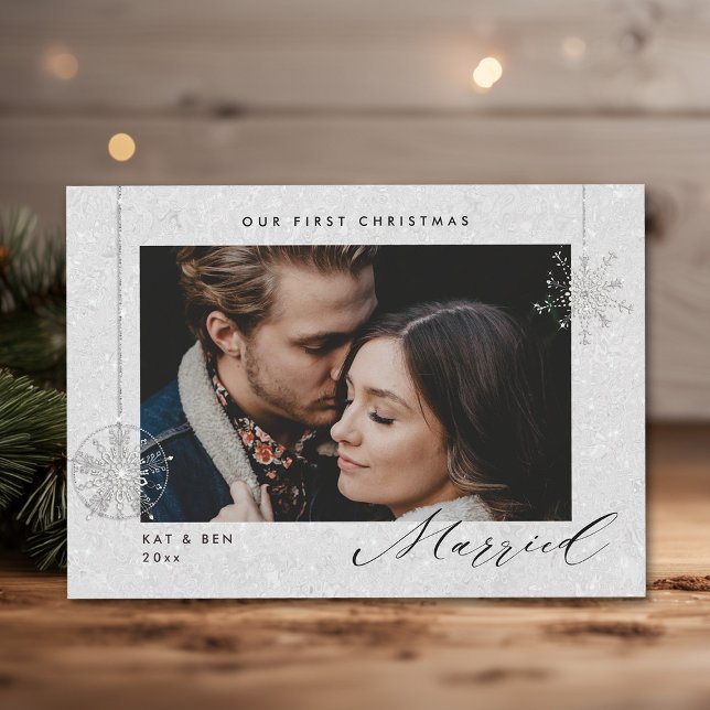 1st Christmas Married White Sparkles Modern Photo Holiday Card (christmas card first married couple glitter sparkle modern minimalist snowflake white winter)