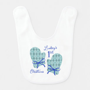 1st Christmas Mittens Blue Bow Holiday Baby Bib