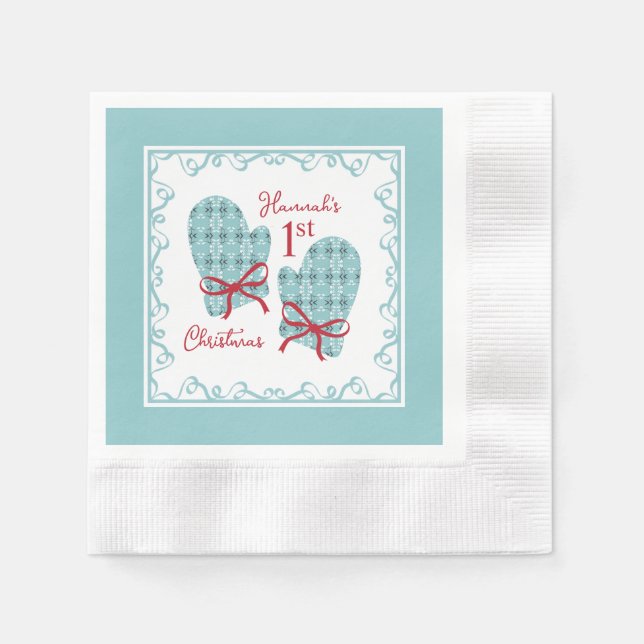 1st Christmas Mittens Red Bow Holiday Napkins (Front)