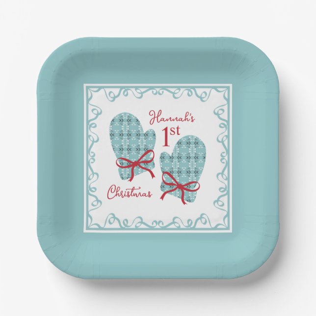 1st Christmas Mittens Red Bow Holiday Paper Plates (Front)