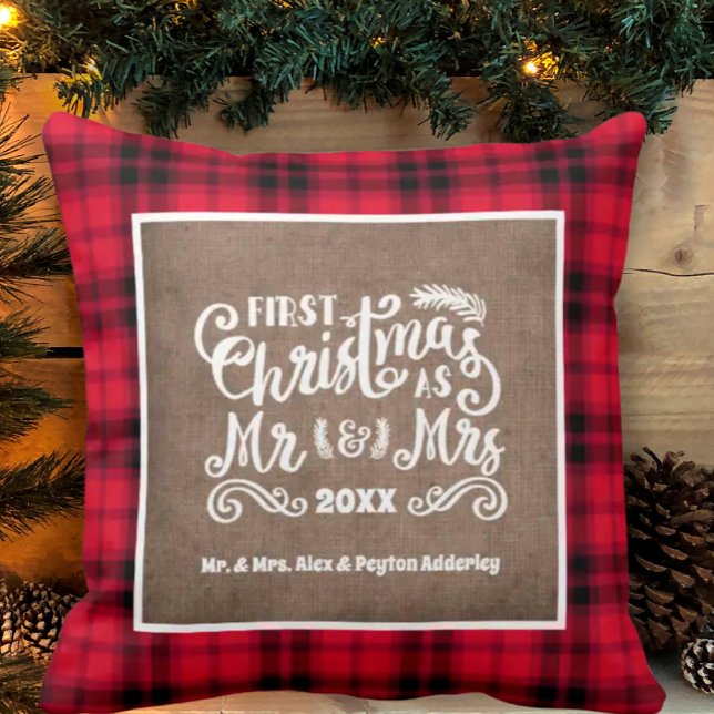 1st Christmas Mr. Mrs. Photo Burlap Buffalo Plaid Throw Pillow (Creator Uploaded)