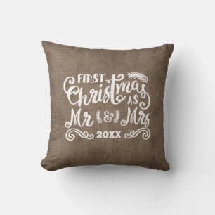1st Christmas Mr. Mrs. Rustic Country Burlap Throw Pillow
