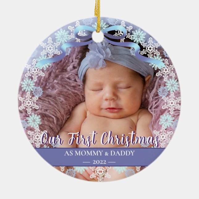 1st Christmas Newborn Grandparents Soft Blue Ceramic Ornament (Back)