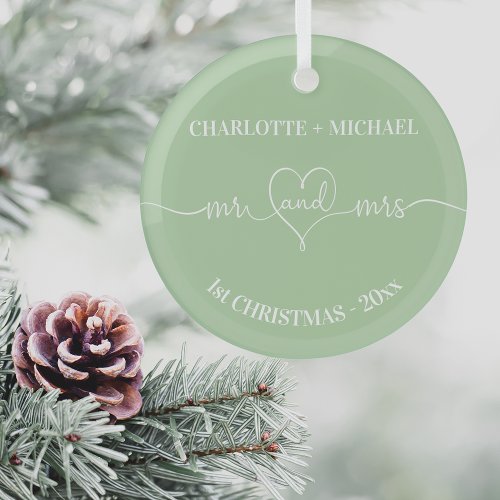 1st Christmas newlyweds names heart sage green Glass Ornament