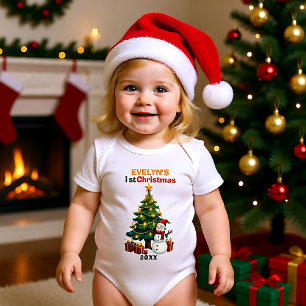 1st Christmas, own text, Frosty & Fir Delight Baby Bodysuit