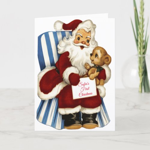 1st Christmas Personalize Babys Name Santa Claus Holiday Card