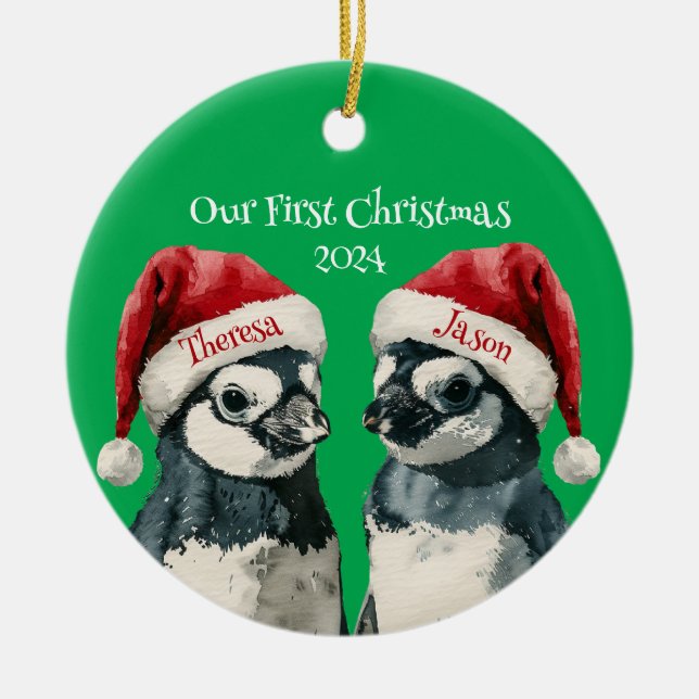 1st Christmas Personalized Penguins Santa Hats Ceramic Ornament (Front)