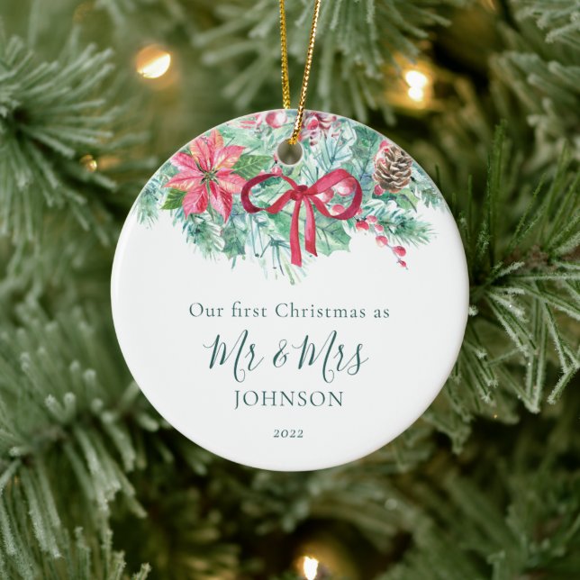 1st Christmas Photo Newlywed Berries & Greenery  Ceramic Ornament (Tree)