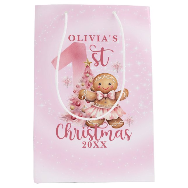 1st Christmas Pink Gingerbread Girl with Tree Medium Gift Bag (Front)
