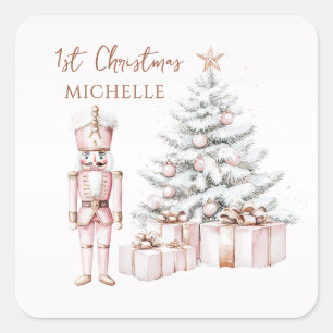1st Christmas Pink Nutcracker Snowy Tree Square Sticker
