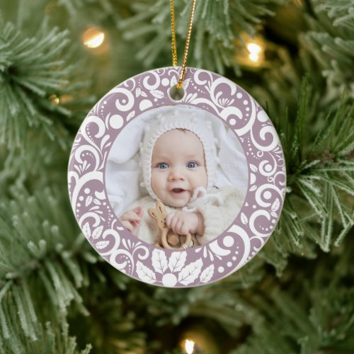 1st Christmas Purple Photo Elegant Festive Ceramic Ornament