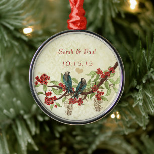 1st Christmas Red Blooms Vintage Love Birds Metal Ornament