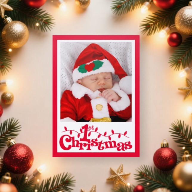 1st Christmas Red Border Photo Letterpress Card (Insitu)