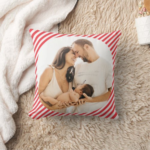 1st Christmas Red Candy Cane Family Custom Photo Throw Pillow