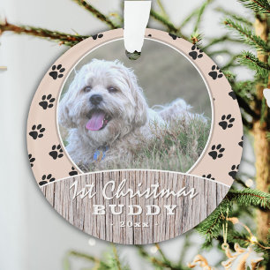 1st Christmas Rustic Puppy Photo Paw Pattern Ornament